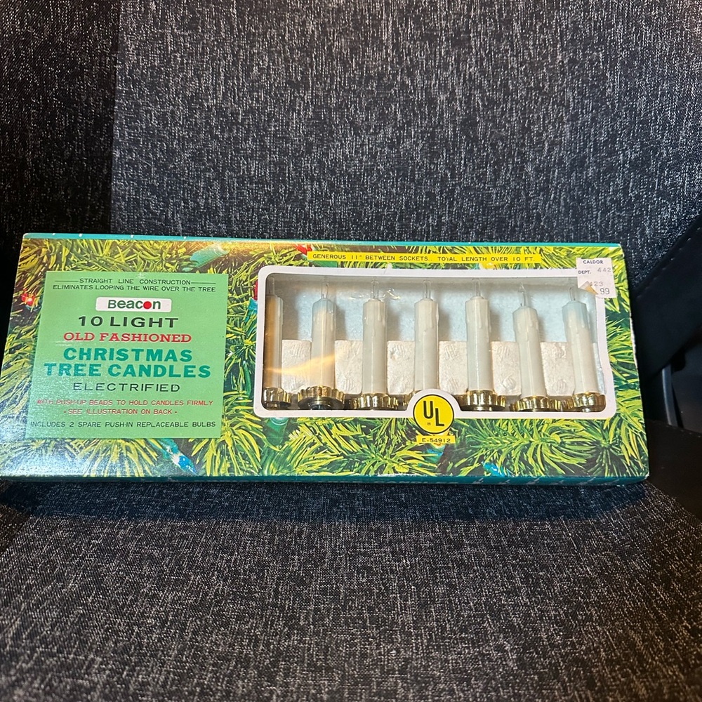 Vintage Christmas ~ String of 10 Candle Lights ~ Clear bulbs white candles